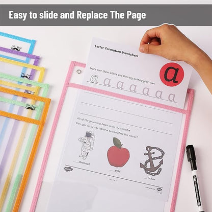 Mr. Pen- Dry Erase Pocket Sleeves, 10 x 14 Inch, 6 Pack, Pastel Colors, Plastic Sleeves, Dry Erase Pockets Reusable Sleeves, Dry Erase Sleeves, Clear Pocket Sleeves, Classroom Sleeves