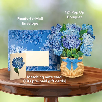 Freshcut Paper Pop Up Cards, Nantucket Hydrangeas, 12 Inch Life Sized Forever Flower Bouquet 3D Popup Greeting Card, Birthday Cards, Thank You Card, Blank Notecard & Envelope