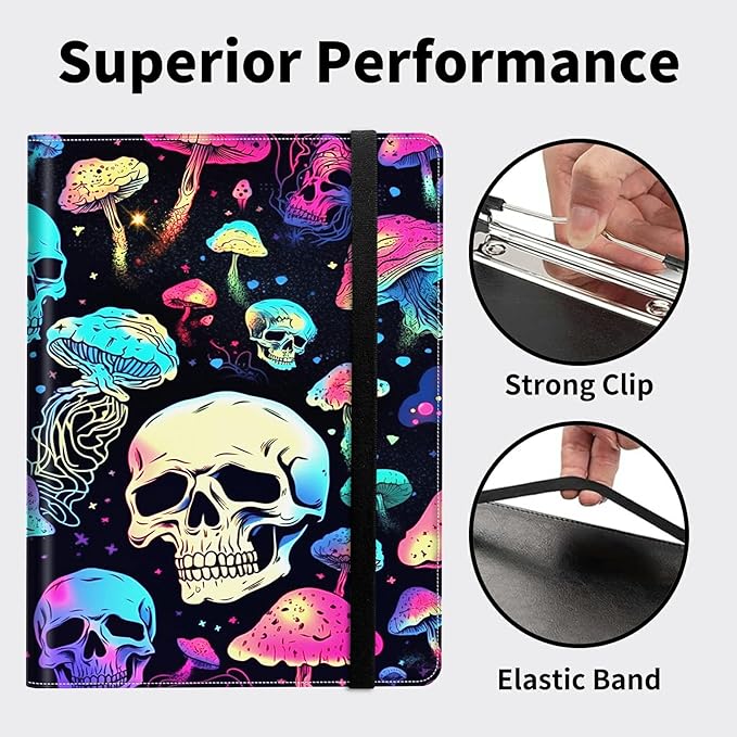 Padfolio Folder with Clipboard,Portfolios Organizer Clipboards with Storage Clipboard Writing Pad PU Leather Conference Document Organizer with Business Card Holder,Mushroom Skull