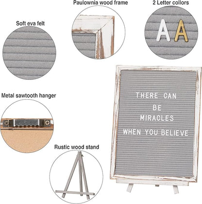 Felt Letter Board with Rustic Vintage Frame and Stand 12x16 inch,Grey Changeable Letter and Message Board Includes 792 Letters, Numbers and Symbols, Hook to Hang, 2 Canvas Bags