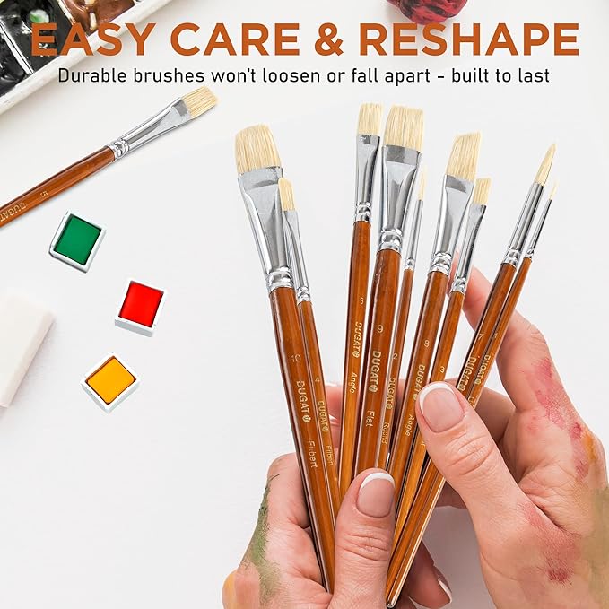10pcs White Hog Hair Artist Paint Brush Set by DUGATO Perfect for Acrylic Oil Gouache Watercolor, Painting Brushes Kit for Kids, Adults Fabulous for Canvas & Fabric