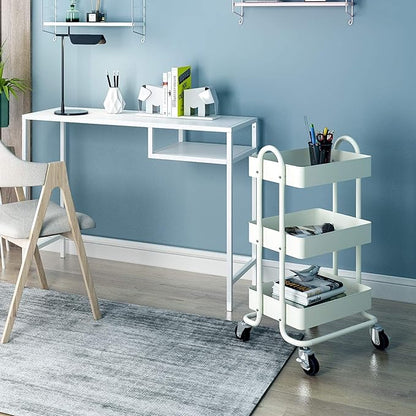 3-Tier Rolling Cart,Metal Rolling Utility Cart with Handle,Steel Multifunction Carts with Wheels,Kitchen Storage Carts Suitable for Office,Home,Kitchen,Garden（13.4"x18.1"x31"） White