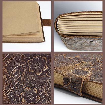 Leather Journal Notebook - Rustic Handmade Vintage Leather Bound Journals with Pencil Case for Men and Women - Leather Craft Unlined Paper 400 Pages, Leather Book Diary Notebook (8.6" x 6")