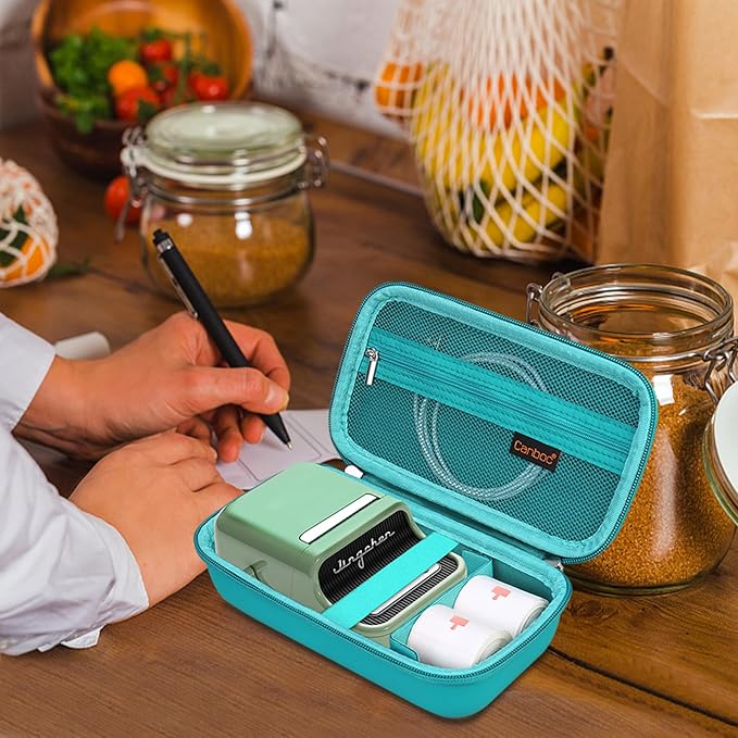 Canboc Carrying Case for NIIMBOT B21 Label Maker, Portable Bluetooth Thermal Label Printer Bag with Removable Shoulder Strap, Mesh Pocket fit Printer Labels, USB Cable, Turquoise (Case Only)