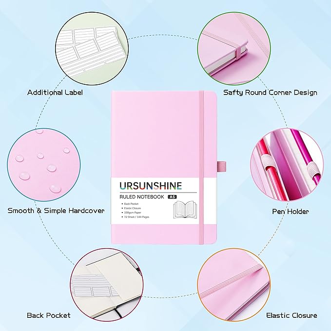 Ruled Notebook/Journal - Classic Lined Journal/Notebook, Hardcover with Thick Paper, 5.7" x 8.4", Banded + Pen Holder +Inner Pocket - Pink