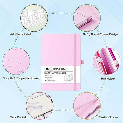Ruled Notebook/Journal - Classic Lined Journal/Notebook, Hardcover with Thick Paper, 5.7" x 8.4", Banded + Pen Holder +Inner Pocket - Pink