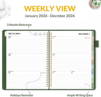 SUNEE 2026 Weekly & Monthly Planner 9"x11.2"- 12 Month (January 2026 - December 2026), Vegan Leather Cover, Pocket, Bookmark, Notes, Monthly Tab, Deep Green