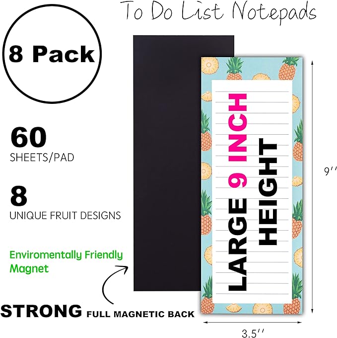 8 Large Magnetic Notepads – Big Notepads for Grocery List, Shopping List, To-Do List, Reminders -Strong Magnetic Back- Memo Pads with Realistic Fruit Designs | 60 Sheets per Pad 9 x 3.5 inch (8 Pack)