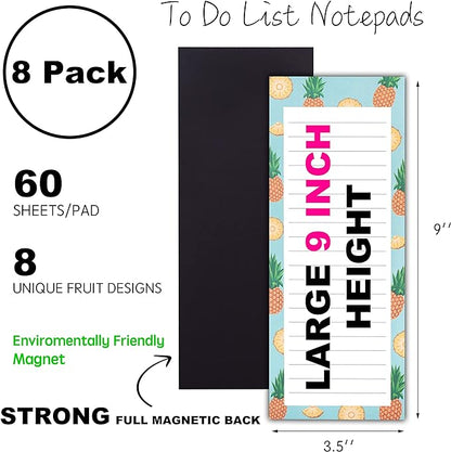 8 Large Magnetic Notepads – Big Notepads for Grocery List, Shopping List, To-Do List, Reminders -Strong Magnetic Back- Memo Pads with Realistic Fruit Designs | 60 Sheets per Pad 9 x 3.5 inch (8 Pack)