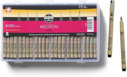 SAKURA Pigma Micron Fineliner Pens - Archival Black Ink Pens - Pens for Writing, Drawing, or Journaling - Assorted Point Sizes - 72 Pack