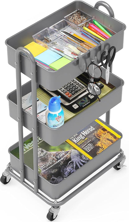 Simple Houseware Heavy Duty 3-Tier Metal Utility Rolling Cart, Silver