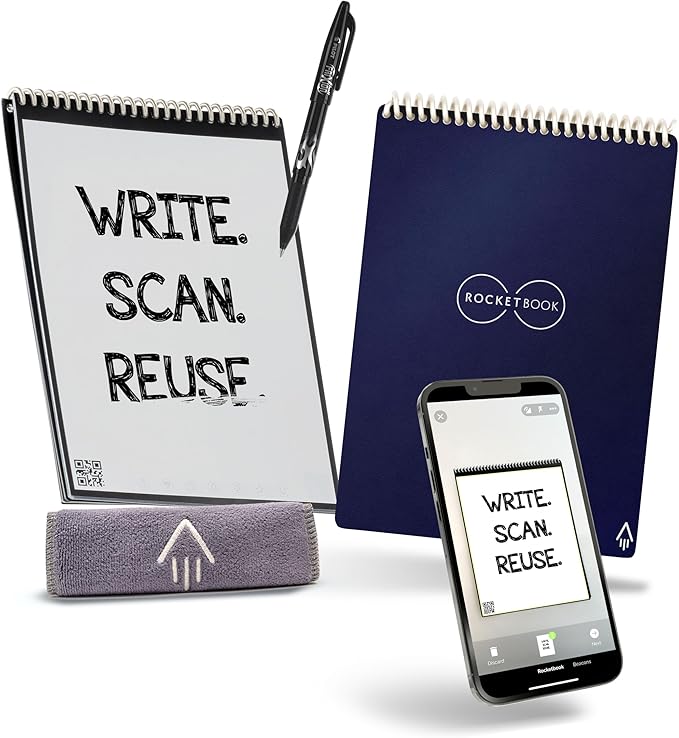 Rocketbook Flip Reusable Smart Notepad | Eco-Friendly, Digitally Connected Notebook for Ambidextrous Writers | Dotted & Lined Combo, 6” x 8.8”, 36 PG, Navy, with Pen, Cloth, and App Included
