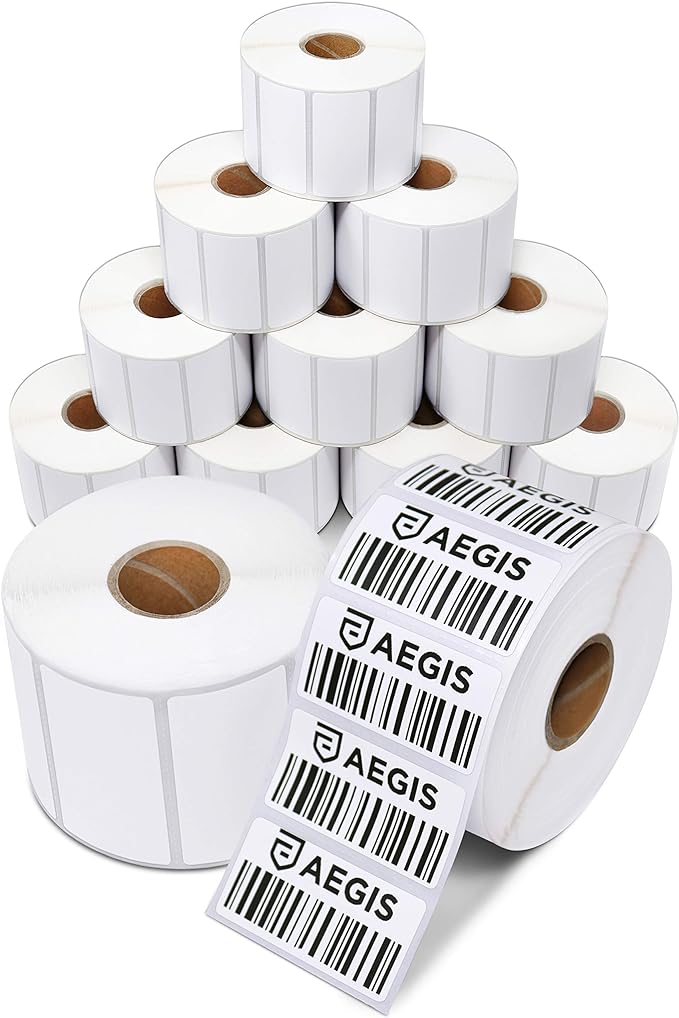 Aegis Adhesives - 2” X 1” Direct Thermal Labels for UPC Barcodes, Address, Perforated & Compatible with Rollo, Zebra, & Other Desktop Label Printers (12 Rolls, 1300/Roll)