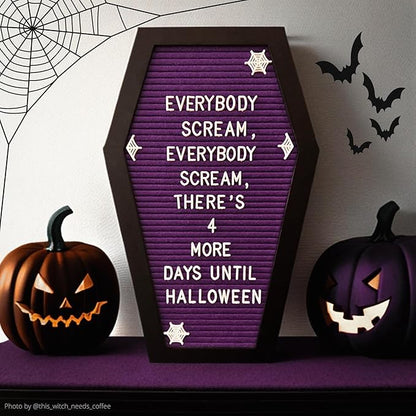 Coffin Letter Board Purple With Spooky Emojis +500 Characters, and Wooden Stand - 17x10.5 Inches - Gothic Halloween Decor Spooky Gifts Decorations