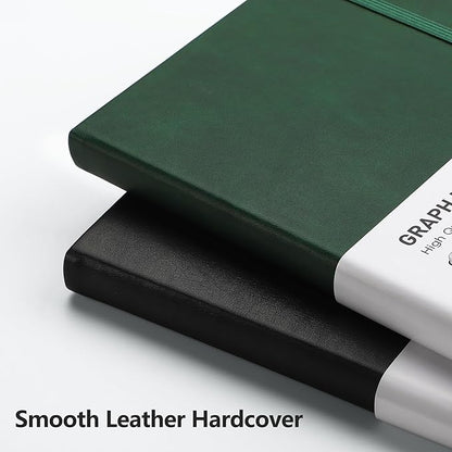 RETTACY Graph Paper Notebook, A5 Grid Notebook Journal with 192 Pages, 5.7'' × 8.3'', Medium Size, Leather Hardcover, 100 GSM Thick Paper, for Students, Homework, Math, Engineering (Dark Green)