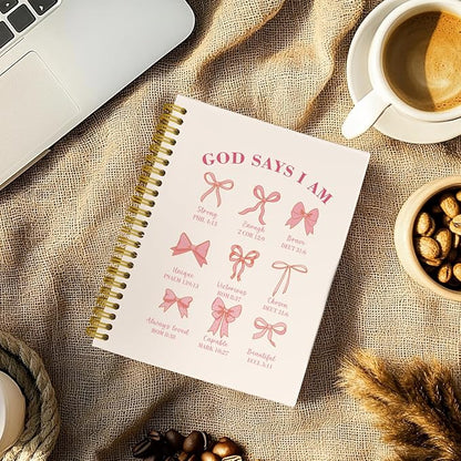 Coquette Pink Bows Spiral Bible Notebook, Christian Gifts for Women Girls, God Says I Am Christian Scripture Prayer Journal, Church Notes Notebook, Hardcover Notebooks College Ruled 5.5 x 8.3