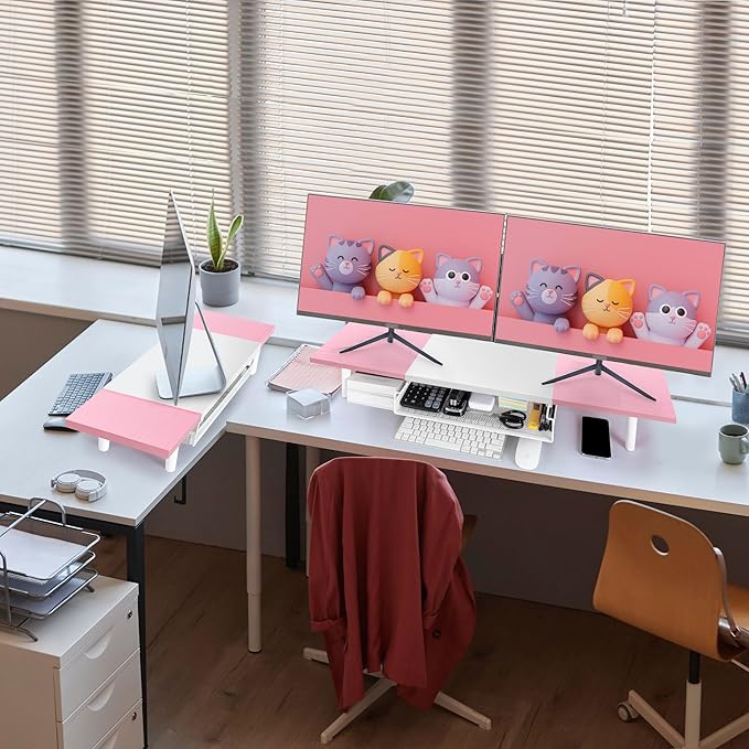 Dual-Computer-Monitor-Stand-Riser For Desk, Expandable Desk Shelf With Drawer For 2 Monitors, Desk Accessories & Workspace Organizers,TV Riser, Desktop Double Laptop Riser With Storage