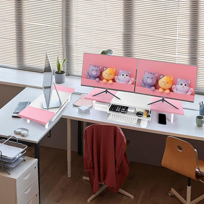 Dual-Computer-Monitor-Stand-Riser For Desk, Expandable Desk Shelf With Drawer For 2 Monitors, Desk Accessories & Workspace Organizers,TV Riser, Desktop Double Laptop Riser With Storage