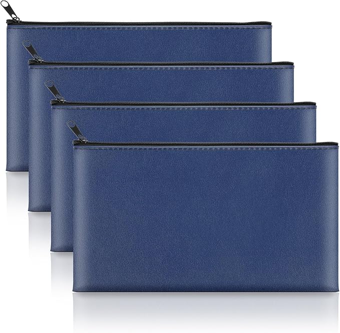 4 Pack Money Bags with Zipper, 11x6.1 Inch PU Leather Cash Pouch, Secure Bank Bag for Coins, Bills, Checks, Invoices, Cosmetics, Tools (Blue)