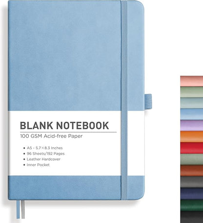 RETTACY Blank Journal Notebook, A5 Blank Journal with 192 Pages, 5.7'' × 8.3'' Medium Size, 68 LB/100 GSM Thick Paper, Leather Hardcover, for Sketching, Drawing, Painting (Light Blue)