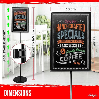ABRYLX Magnetic Chalkboard Sign with Adjustable Aluminum Pedestal Stand - 30x45cm Black Chalk Board for Weddings, Restaurants, and Events Stand with 6 Liquid Chalk Markers Included