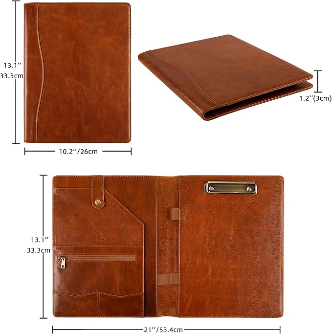 Genuine Leather Portfolio for Men, Leather Clipboard Custom Portfolio, Personalized Leather Binder, Legal Pad Portfolio Organizer Christmas Gift for His/Her (Clipboard, Shiny Brown-Standard)