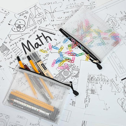 AUSTARK 20 Pcs Zipper File Bags, Plastic Mesh Pouch, Board Game Storage, Waterproof Bags for Office School (B6 Size 7.6''x5.3'', White and Black)