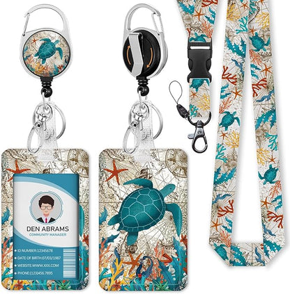 Lanyards for Id Badges, Badge Holder with Retractable Reel Clip, Sea Turtle Cute Card Name Tag Lanyard Vertical ID Card Protector Case for Women Nurse Nursing Doctor Teacher Student Kids
