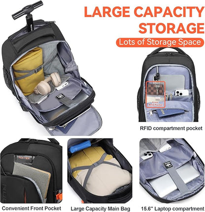 Rolling Backpack, 18 inch Laptop Travel Backpack with Wheels for Men Women, Rolling Wheeled Backpack for Business Travel