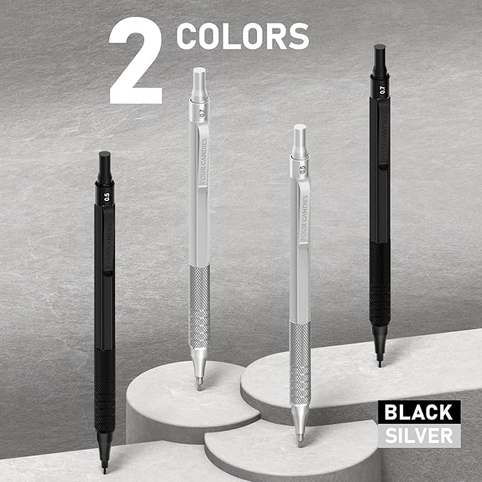 Four Candies 4PCS Metal Mechanical Pencils Set with Case, 0.5mm & 0.7 mm Artist Pencil with 8 Tubes (480PCS) HB Lead Refills, 3 Erasers,9 Eraser Refills For Writing Drafting, Drawing, Black&Silver