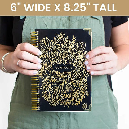 bloom daily planners New Address Book with Alphabetical Tabs - Hardcover Contact Book & Password Book Organizer for Addresses, Phone Numbers & More (6” x 8.25”) - Black & Gold Embroidery