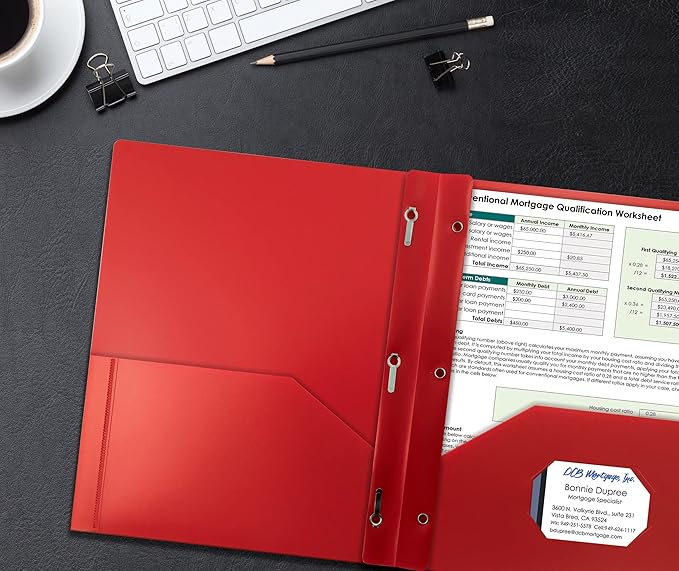 Better Office Products Red Plastic 2 Pocket Folders with Prongs, Heavyweight, Letter Size Poly Folders, 24 Pack, with 3 Metal Prongs Fastener Clips, Red