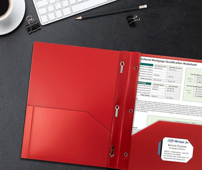 Better Office Products Red Plastic 2 Pocket Folders with Prongs, Heavyweight, Letter Size Poly Folders, 24 Pack, with 3 Metal Prongs Fastener Clips, Red