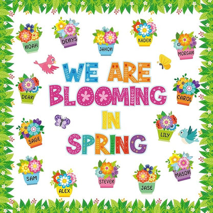 Kosiz Spring Flowerpot Bulletin Board Decorations Set We are Blooming in Spring Classroom Decorations Colorful Flower Paper Cutouts with Green Leaf Borders for School Wall Chalkboard Door Party