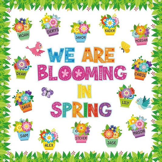 Kosiz Spring Flowerpot Bulletin Board Decorations Set We are Blooming in Spring Classroom Decorations Colorful Flower Paper Cutouts with Green Leaf Borders for School Wall Chalkboard Door Party