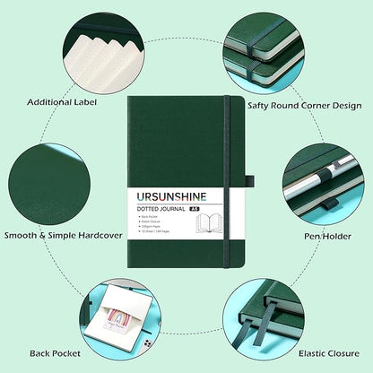 Dotted Journal/Notebook - Dot Grid Hard Cover Notebook, Premium Thick Paper with Fine Inner Pocket, Black Smooth Faux Leather, Pen Loop, 5.3'' x 8.26'' - Turquoise