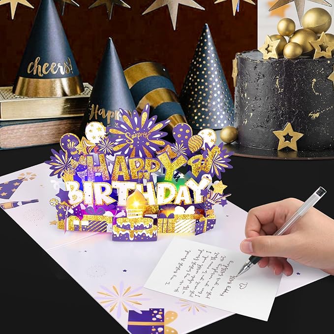 Birthday Card | Musical Pop Up Greeting Card w Light | Blow Out LED Light Candle & Play Happy Birthday Music Pop Up Card | Greeting Cards Gifts for Him or Her | Purple Gold (Blowable Candle)