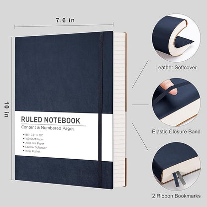 RETTACY Journaling Notebooks, B5 Lined Journal Notebook with 320 Numbered Pages, 7.6" × 10", Medium, Journal Notebook for Writing, Work, School, Leather Softcover, 100 GSM Thick Paper (Navy Blue)