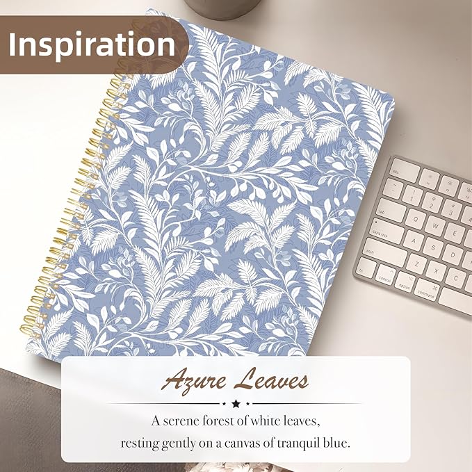 Cute Spiral Notebook journal A4 Aesthetic Pretty Design for Women Girls Kawaii with Pocket, 8.5 x 11 inch, Lined, Blue Leaves