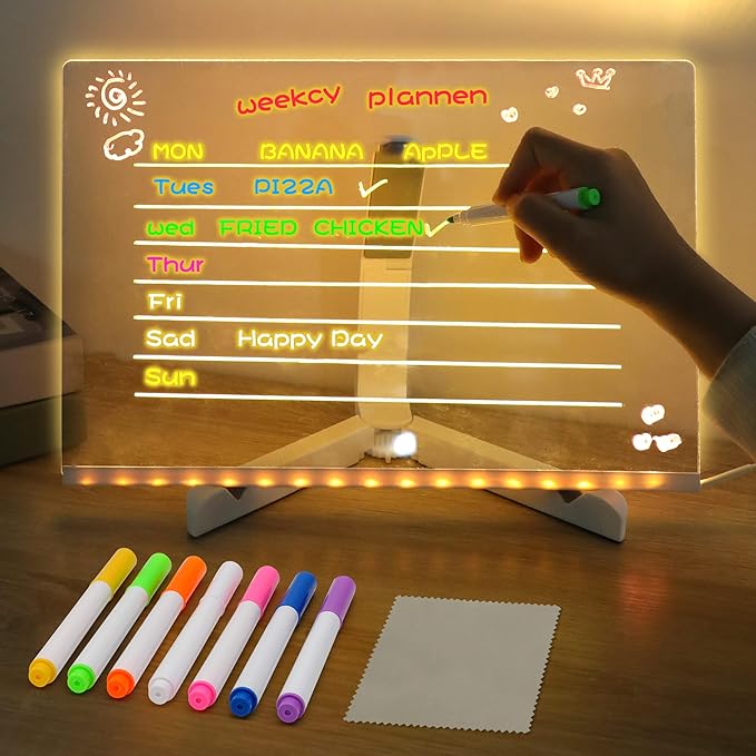 LED Note Board with Colors,LED Drawing Pad with 7 Color Pen,Light Up Acrylic Message Board with Adjustable Stand,Acrylic Dry Erase Board with Light for Office School Home,Gift for Kids(12"x8")