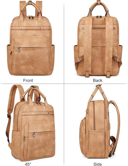 MASINTOR Leather Laptop Backpack for Women, Stylish Computer Backpack College Business Work Shoulder Bags Work and Travel Retro Camel