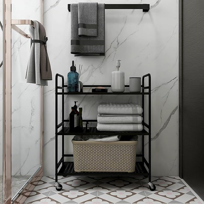 GYCZYCX 3-Tier Mesh Metal Rolling Cart,Multipurpose Heavy Duty Cart,Multipurpose Storage Rack,Utility Cart,High Capacity Cart with Locking Wheels (Black)