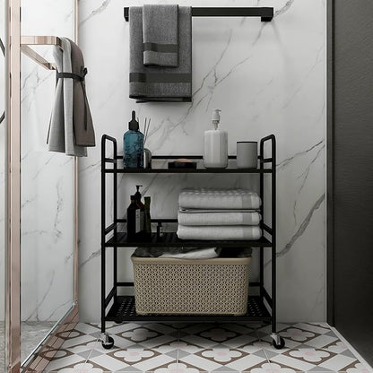 GYCZYCX 3-Tier Mesh Metal Rolling Cart,Multipurpose Heavy Duty Cart,Multipurpose Storage Rack,Utility Cart,High Capacity Cart with Locking Wheels (Black)