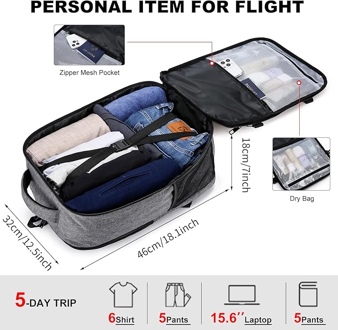 Carry On Backpack, Large Travel Laptop Backpacks, Personal Item Travel Bag with USB Charge Port, Flight-Approved Backpack for Traveling, Water Resistant Luggage Computer Daypack for School, Grey