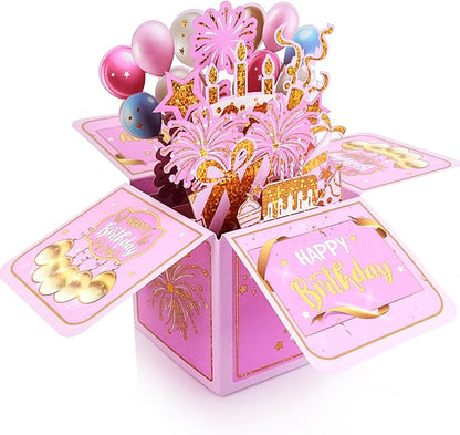 Surprise Pop Up Happy Birthday Cards, Lovely 3D Birthday Card for Adults and Kids with Envelopes, Unique Design Handmade Foldable Greeting Cards for Daughter, Son, Mom, Dad, Friend（Pink）