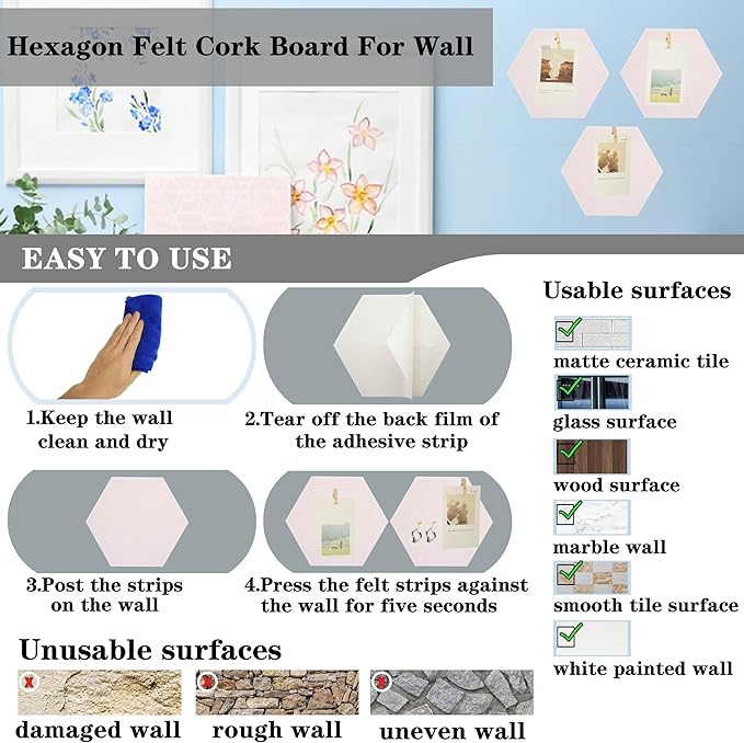 6Pcs White Hexagon Bulletin Board Strips,White Felt Pin Board Bar Strips with 50 Pushpins, Self-Adhesive Felt Cork Board Strips for Wall to Display Your Notes, Photos, Schedules