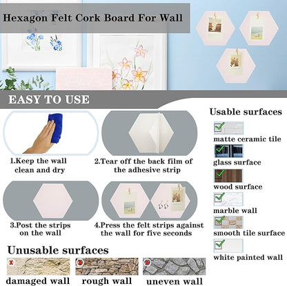 6Pcs White Hexagon Bulletin Board Strips,White Felt Pin Board Bar Strips with 50 Pushpins, Self-Adhesive Felt Cork Board Strips for Wall to Display Your Notes, Photos, Schedules