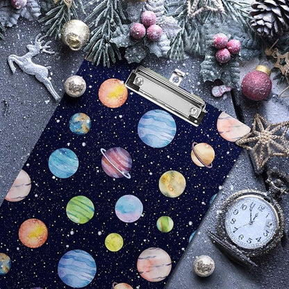 WAVEYU Cute Hardboard Clipboard for Kids Boys, Clipboard with Low Profile Clip for Students Classroom School and Office Use 12.5"x 9", Planet Pattern