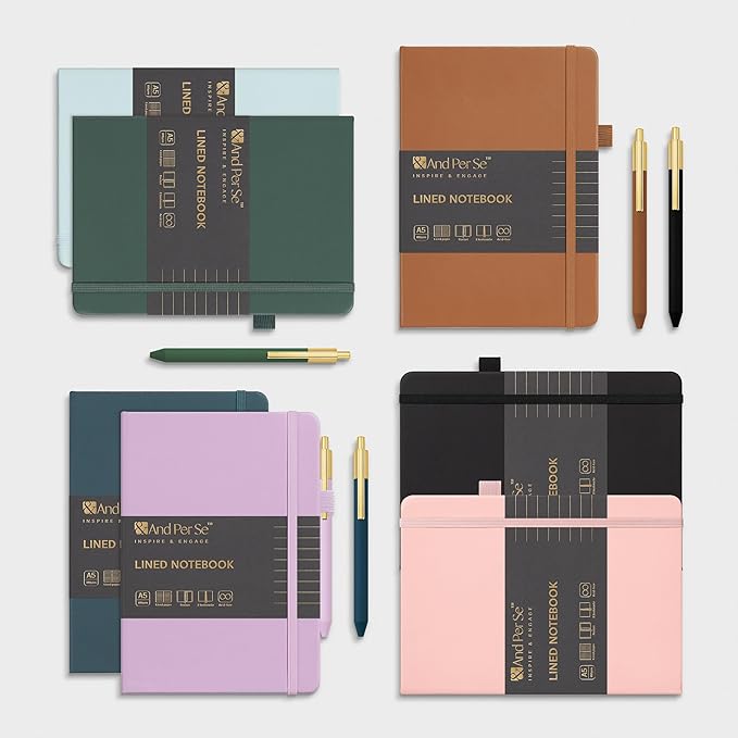 A5 Lined Leather Journal and Pen Set, Hardcover Notebook with Pen, 160 Pages 100gsm Thick Ruled Paper for Men Women, for Work, Business, School or Home Writing, 5.7'' x 8'' (Cyan-Set1)