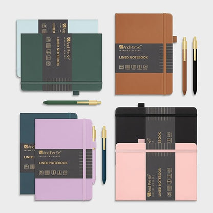 A5 Lined Leather Journal and Pen Set, Hardcover Notebook with Pen, 160 Pages 100gsm Thick Ruled Paper for Men Women, for Work, Business, School or Home Writing, 5.7'' x 8'' (Cyan-Set1)